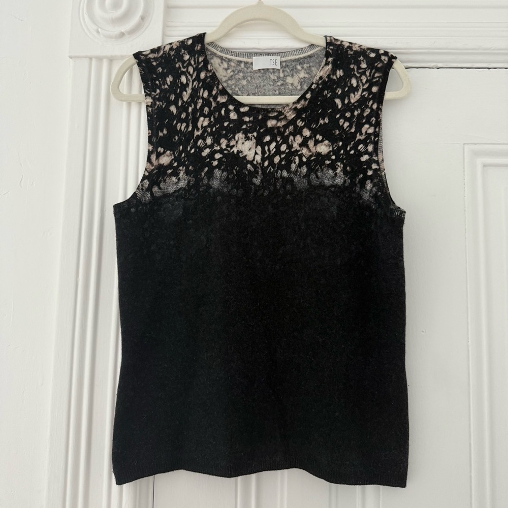 TSE Black and Cream Patterned Cashmere Tank Top